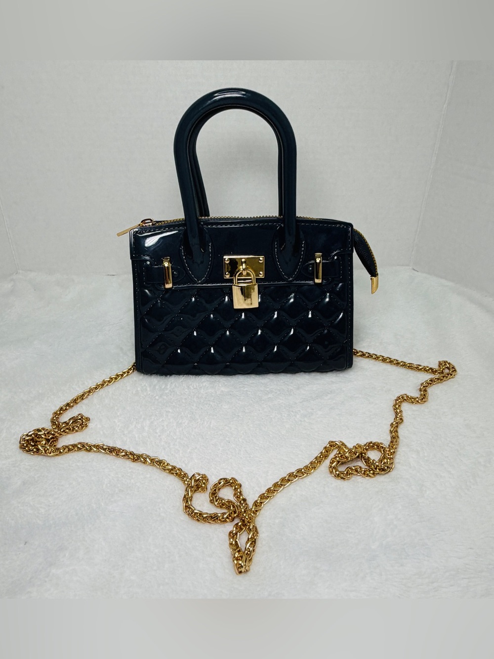 Mini Quilted Top-Handle Crossbody Bag with Gold Chain